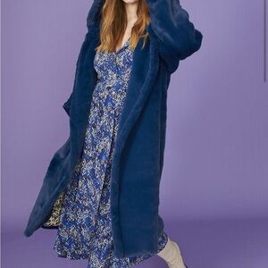 Jayley Blue Hooded Faux Fur Coat with Button Fastening
